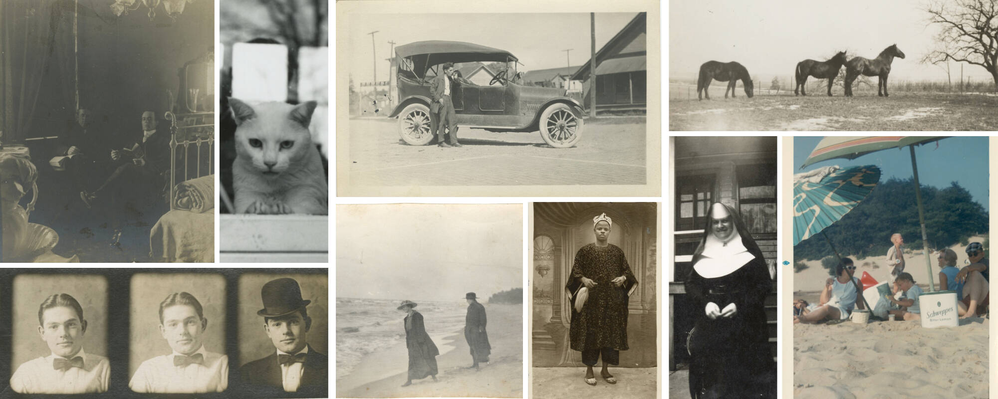 Collage of nine different images from the GVSU Art Museum Collection that showcase film and dry plate photography examples.